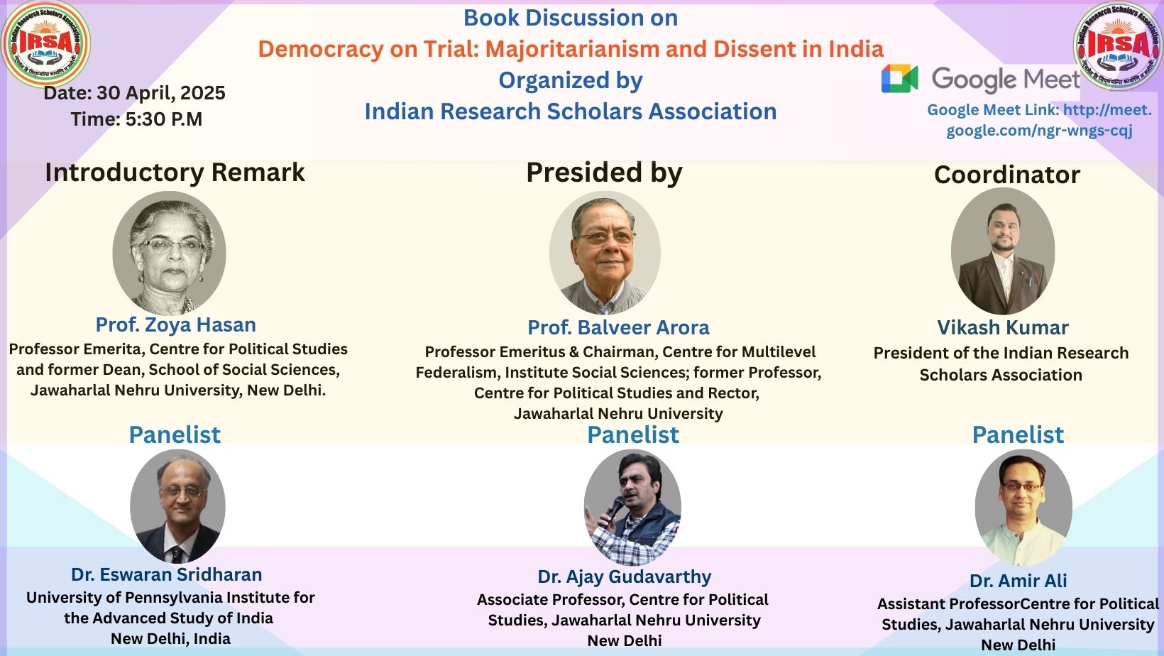 Book Discussion on Democracy on Trial: Majoritarianism and Dissent in India, 30 April 2025: Time, 5:30 P.M