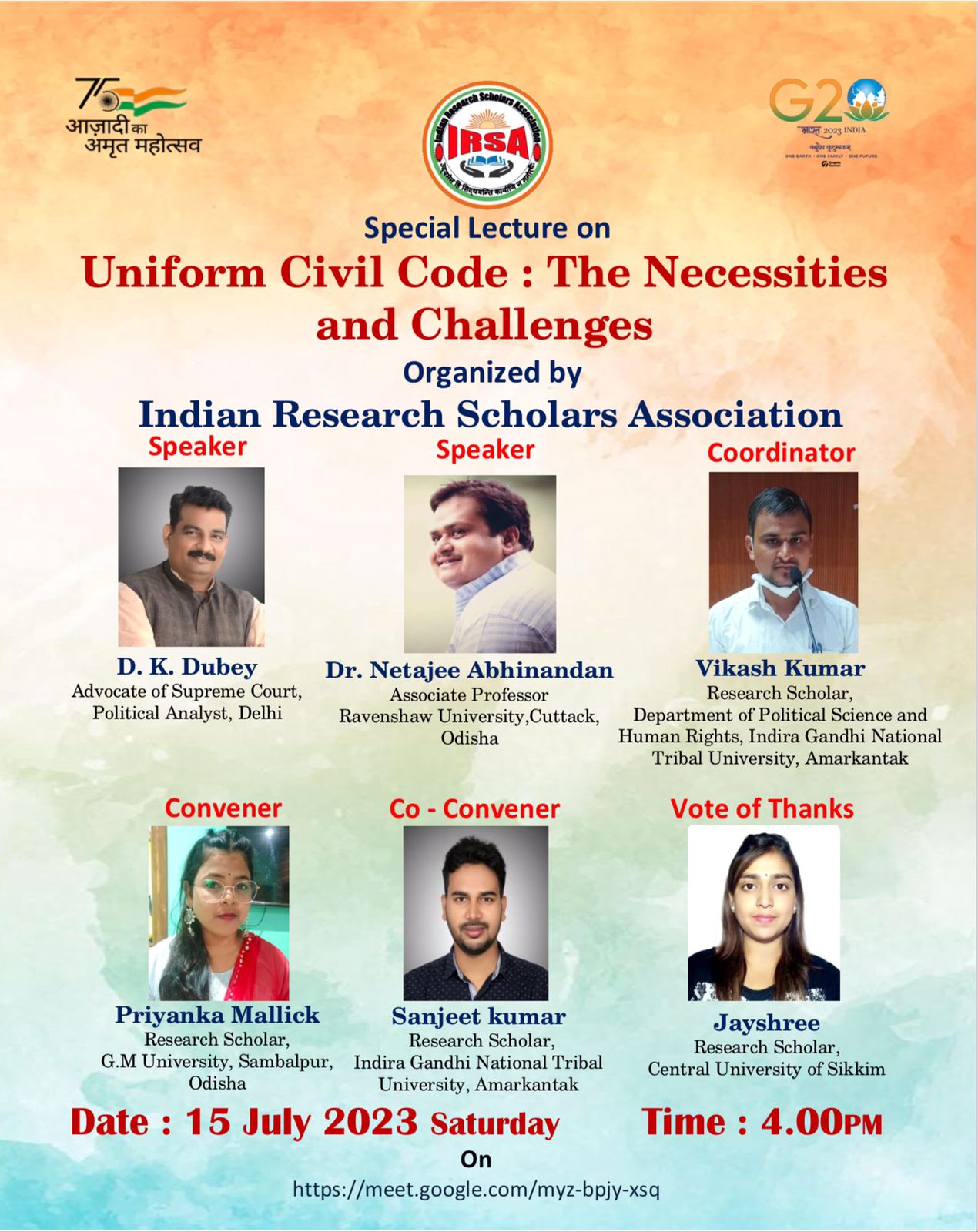 Uniform Civil Code: The Necessities and Challenges, Speaker: D.K Dubey, Advocate of Supreme Court