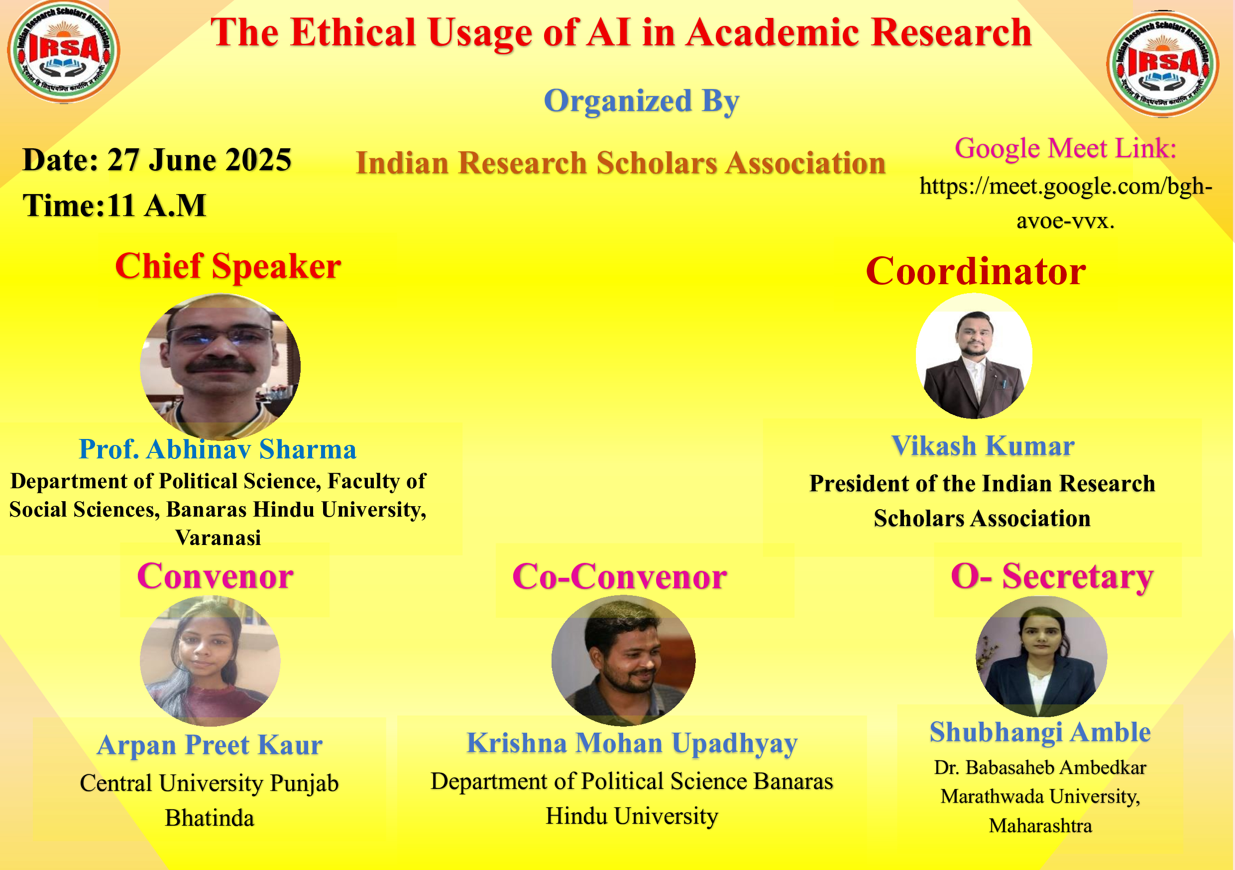 Indian Research Scholars Association Organizing Lecture Series on The Ethical Usage of AI in Academic Research