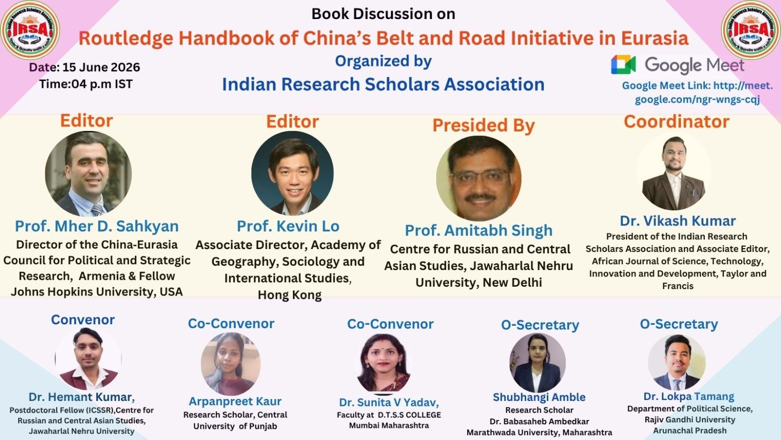 Book Discussion on Routledge Handbook of China’s Belt and Road Initiative in Eurassia organised by Indian Research Scholars Association.